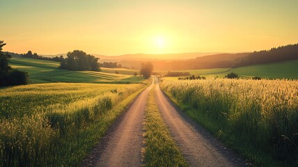 Winding rural road cutting through vibrant grassy fields at sunrise. The warm light casts long shadows and creates a golden glow across the natural scene, isolated from human presence.