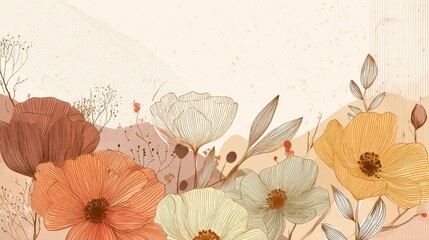 Abstract spring season floral Background. Warm tone blossom wallpaper design with wild flowers, blooms and leaves. Line art and watercolor texture perfect for banner, prints, wall art, decoration., n