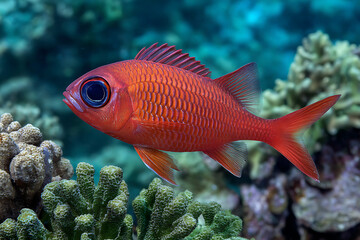 Ruby Glow in Azure Depths: A stunning squirrelfish glides gracefully through the crystal-clear azure waters, its vibrant ruby-red scales illuminated by the sun's rays.