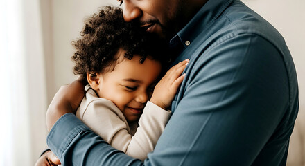 Obraz premium Loving Embrace: Father Comforts and Cuddles Smiling Young Child, Sharing a Tender Moment of Affection and Connection.