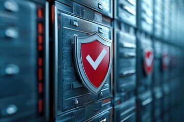 Secure document storage on a cloud server with a checkmark and a shield icon