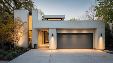 Fototapeta premium Modern minimalist house garage exterior with clean lines, simple design, and stylish architecture in contemporary style.