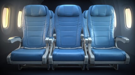 Three blue airplane seats with headrests and seat belts, viewed from the front, offering a glimpse into the comfortable and orderly arrangement of aircraft seating.