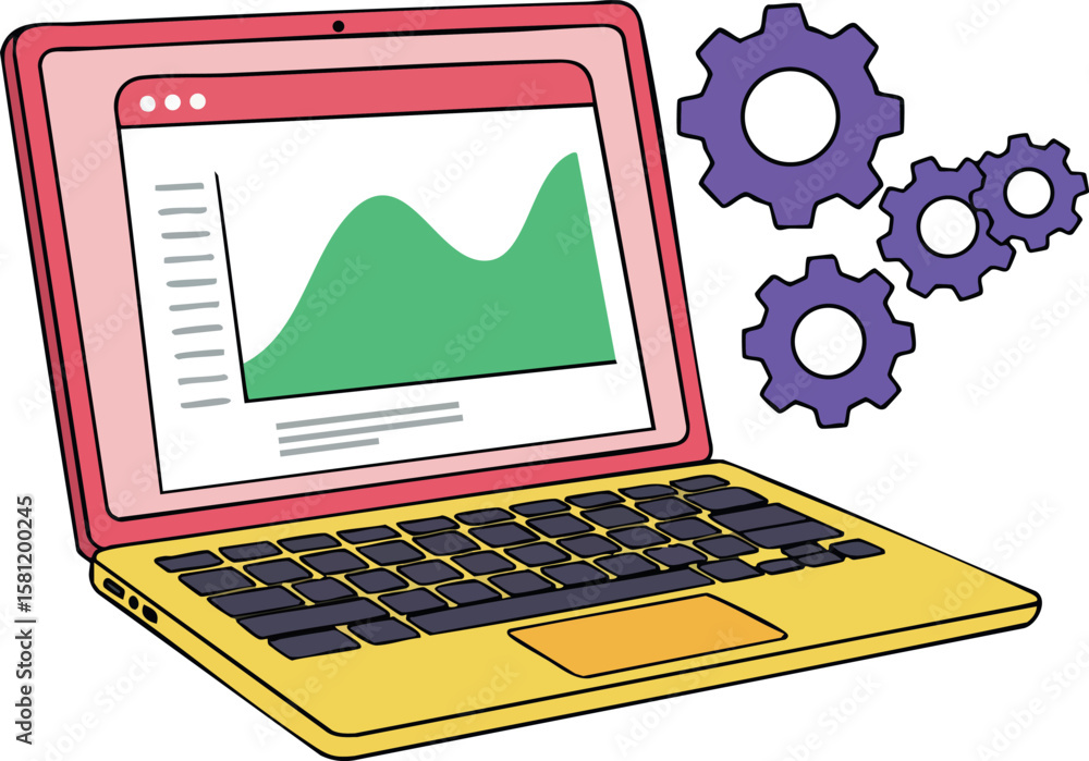 Poster laptop with graph analysis and purple gears symbolizing data processing and technology concepts vect