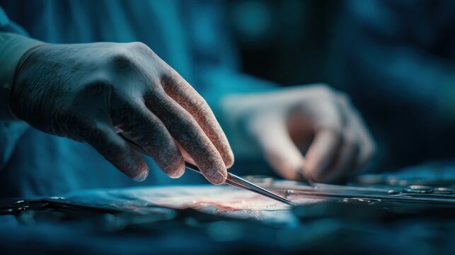 Hands of a surgeon in an operating room close-up, steady and precise gloved hands delicately manipulate surgical instruments during a complex procedure, - Powered by Adobe