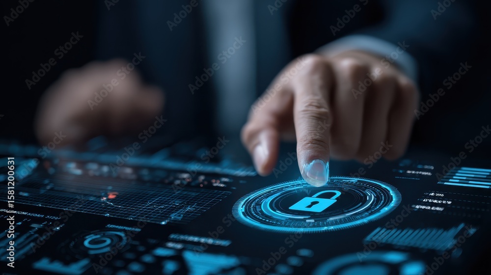 Aufkleber business person analyzing a cybersecurity dashboard with a prominent lock icon - data security - it 