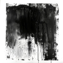 Abstract black ink painting on white paper featuring expressive brushstrokes, drips, and splatters. 