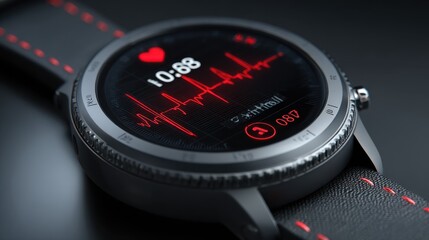 Smartwatch Heart Rate Monitor: Close-up shot of a smartwatch displaying a heart rate monitor, showcasing modern technology and health tracking capabilities.
