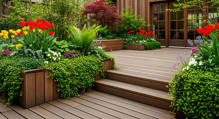 Fototapeta premium Lush Outdoor Space: Beautiful wooden deck and a serene garden with vibrant flowers, greenery, and natural elements creating an inviting retreat.