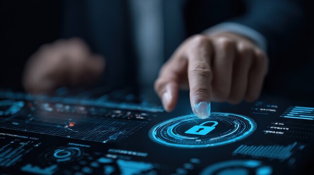 Business person analyzing a cybersecurity dashboard with a prominent lock icon - data security - IT solutions - risk management