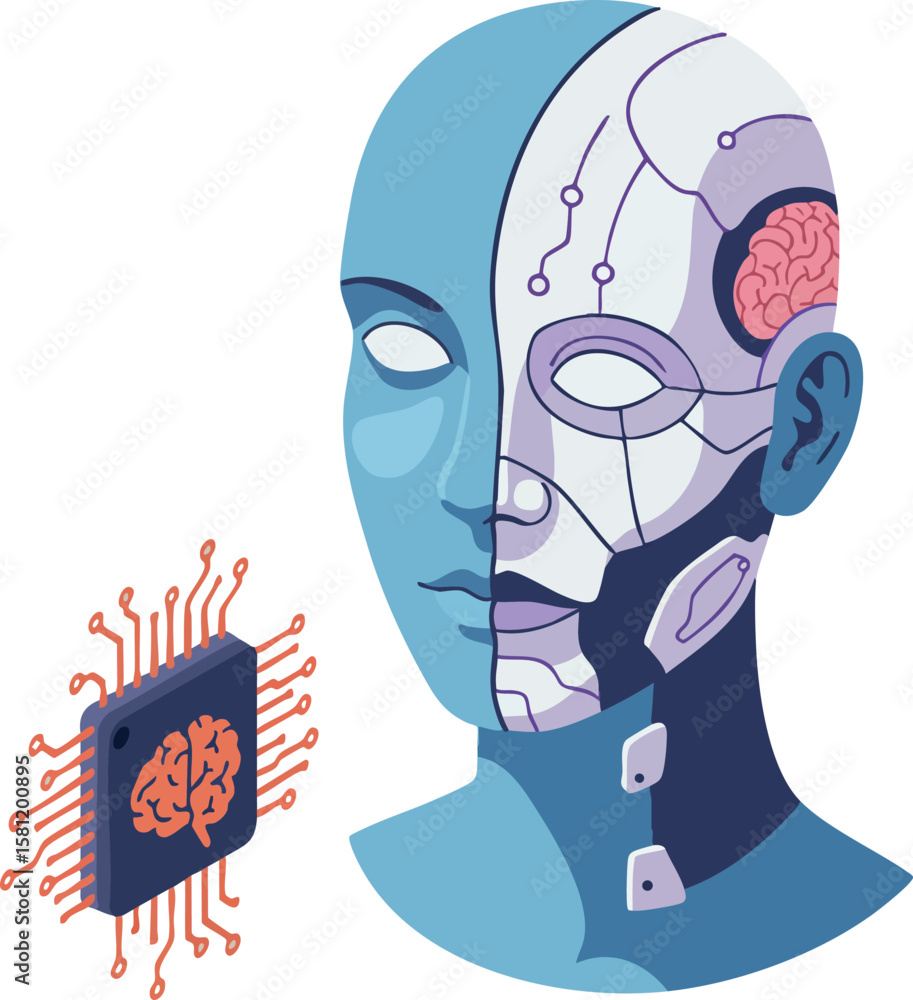 Poster artificial intelligence robot head with human and machine brain concept digital technology innovatio
