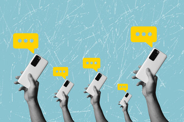 Art collage on the topic of messages on the phone. Modern methods of transmitting information using...