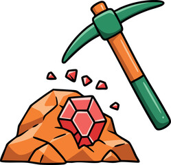 Obraz premium Ruby gemstone mining with pickaxe breaking rock for precious gem extraction vector illustration