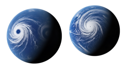 Envision swirling storm systems as planets on a stark backdrop, revealing the awesome power of global weather and environmental conditions, transparent background