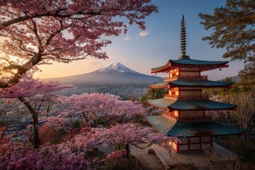 Fototapeta premium Iconic view of Mount Fuji and pagoda with cherry blossoms in bloom