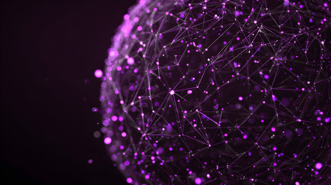 Purple digital wireframe globe rotating with connected nodes, network concept --ar 16:9