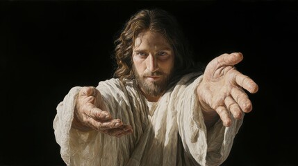 Sacred gesture: Jesus Christ extending helping hand, embodying compassion, mercy, representing act of guiding and uplifting others through his spiritual grace and boundless love.