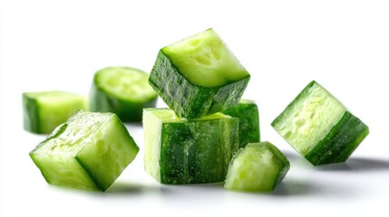 Fresh cucumber cubes and slices vibrant green hues on white backdrop studio shot healthy vegetarian diet