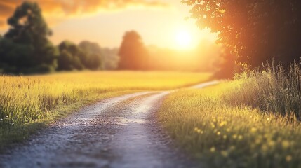 Winding rural road cutting through vibrant grassy fields at sunrise. The warm light casts long shadows and creates a golden glow across the natural scene, isolated from human presence.