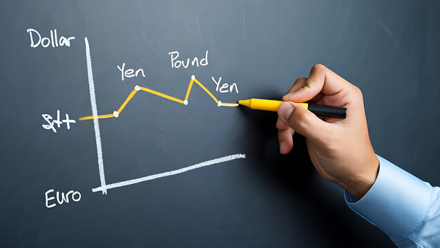 Analyzing Foreign Exchange Market Trends and Currency Value Fluctuations Illustrated on a Blackboard with a Hand Drawing a Graph