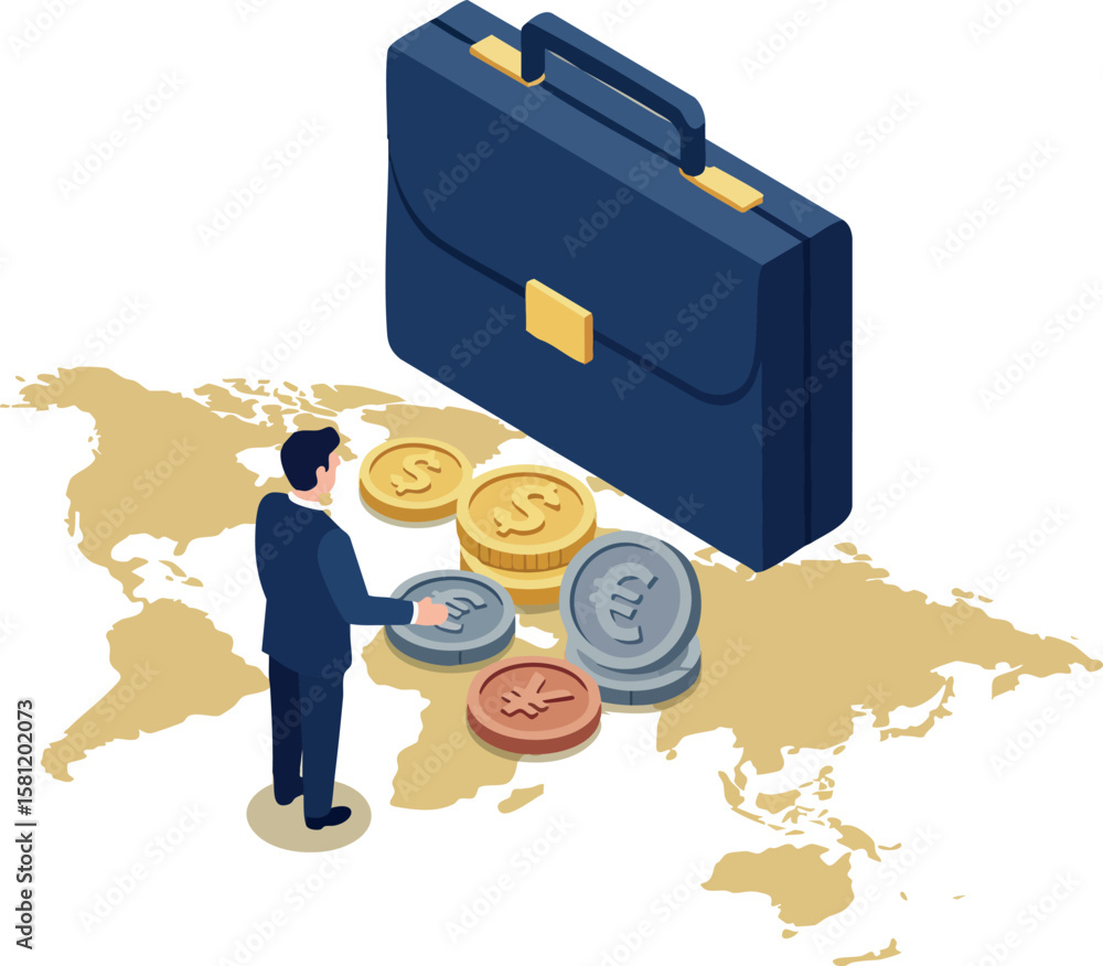 Poster businessman standing near global currency coins with large briefcase on world map background vector 