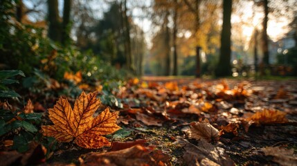 Fototapeta premium Golden and orange leaves cover the ground along a peaceful park pathway, illuminated by warm sunlight filtering through trees, signaling the arrival of autumn.