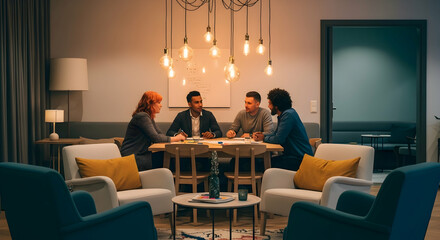 Diverse professionals collaborating in a modern office space during a brainstorming session