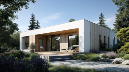 Modern Scandinavian house exterior design with clean lines, minimalist style, natural wood accents, and bright neutral tones creating a warm and inviting atmosphere.