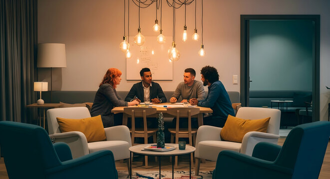Diverse professionals collaborating in a modern office space during a brainstorming session