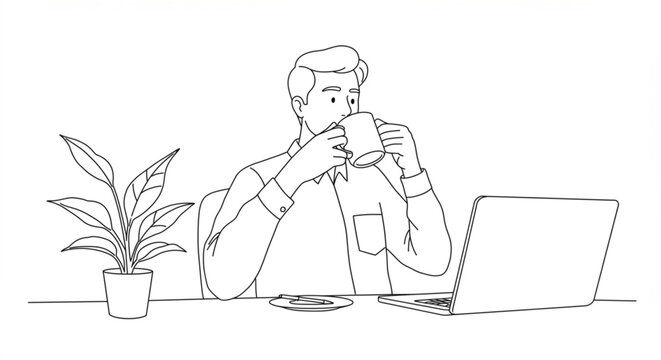 man drinking coffee at desk, line art clip art preview
