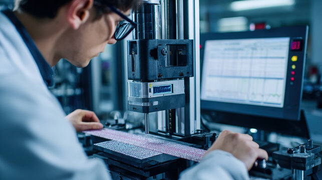 A scientist is meticulously examining equipment within a modern laboratory setting, focusing on precision.