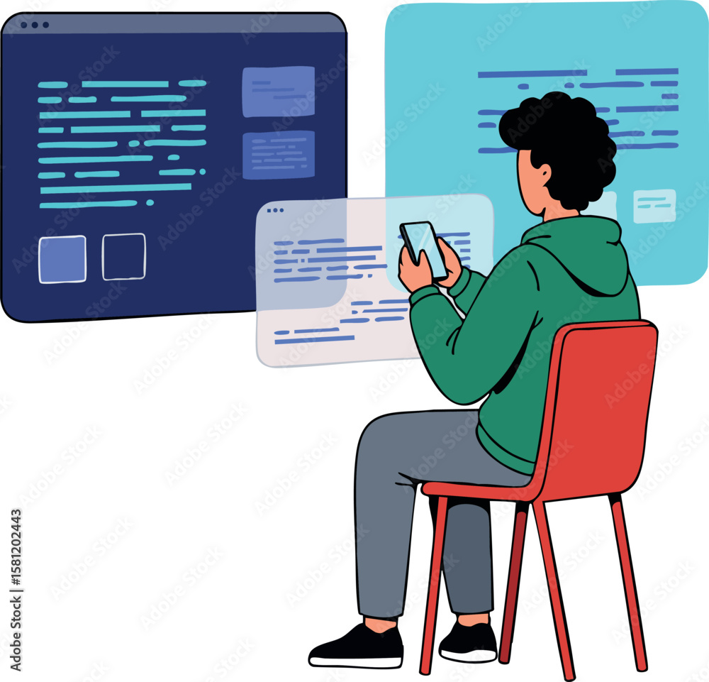 Poster young man coding on smartphone with digital code screens around him in casual clothing sitting on re