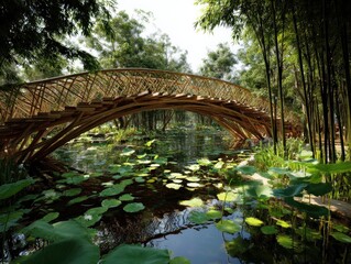 Serene bamboo bridge arching over a tranquil pond filled with lily pads.