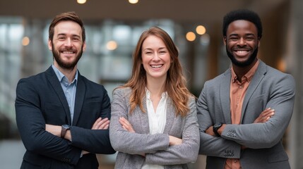 Three smiling people in business attire stand indoors with arms crossed.