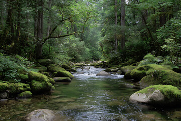 Obraz premium Serene Green Forest Stream Moss Covered Rocks Lush Vegetation Tranquil Nature Scene Emerald Water Flowing River