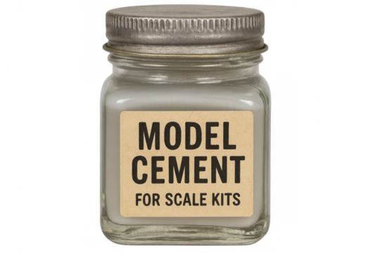 Model cement in a glass jar with metal lid for scale kits on transparent background