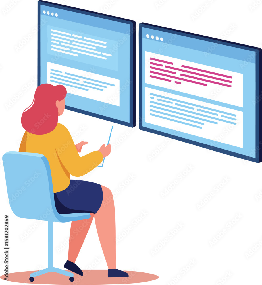 Poster woman working on dual computer screens coding software development technology vector illustration