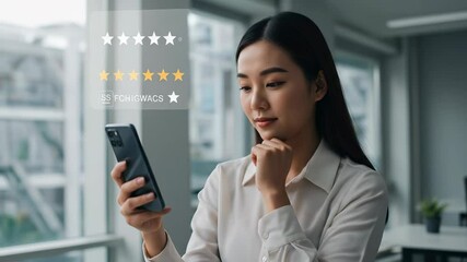 Young East Asian woman thoughtfully evaluates digital customer review stars and online service feedback for improved satisfaction on a smartphone in a modern office. - Powered by Adobe