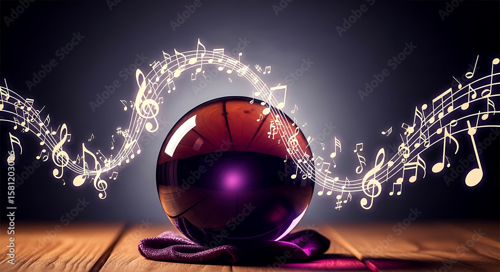 Poster musical sphere: abstract composition of floating notes and glowing orb on textured wooden surface, a