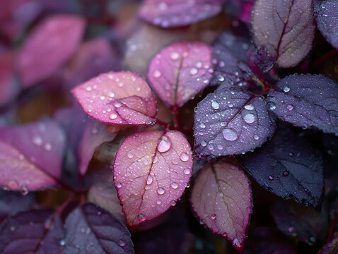 Close up of pink and purple leaves with water droplets after rain