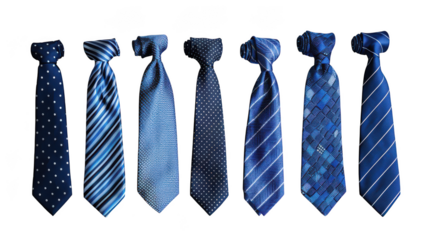 A collection of seven blue patterned neckties neatly arranged, isolated on a transparent background
