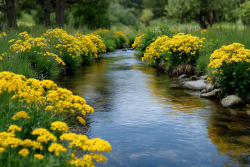 Fototapeta premium Serene Stream Flowing Through Lush Green Meadow Abundant Bright Yellow Flowers Sunny Day Tranquil Nature Scene Idyllic Pastoral Landscape