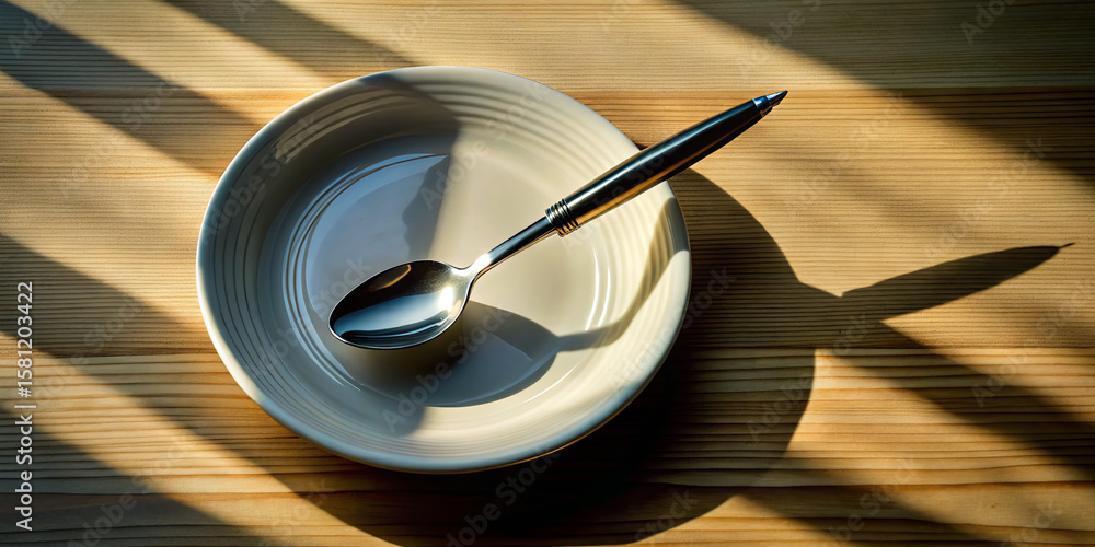 Poster soft sunlight filters through, creating dynamic shadows of an empty bowl and a sleek spoon resting o