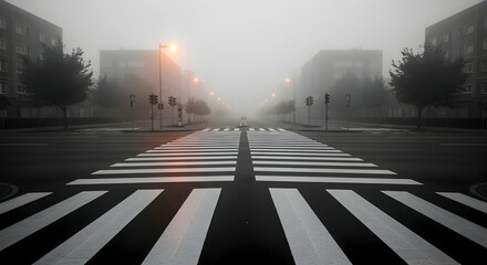 Eerie cityscape shrouded in dense fog with pedestrian crossing and buildings view