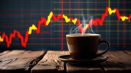 Brewing success coffee cup with stock market trends in background business environment modern viewpoint