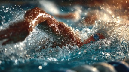 A swimmer focuses intensely as they execute a powerful freestyle stroke in a heated indoor pool. Water splashes dramatically around them, reflecting the evening lights.