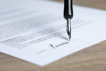 Signing notary document with fountain pen at table, selective focus