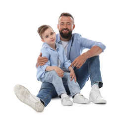 Family. Smiling dad and his son on white background