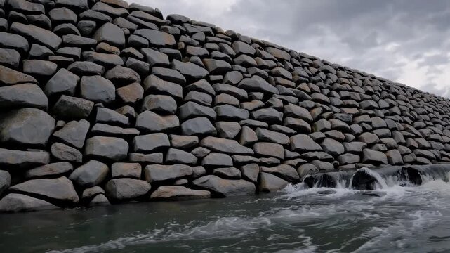close up of large rough boulders placed strategically to reinforce a riverbank while calm water in the foreground reflects the solid structure and clear sky above