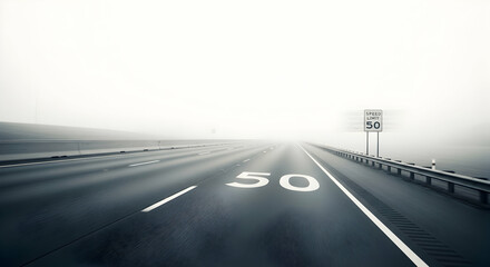 Eerie highway in dense fog with speed limit fifty sign offering a moody atmosphere
